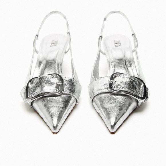 Zara slingback leather kitten heel shoes Silver NWT - Picture 7 of 11
